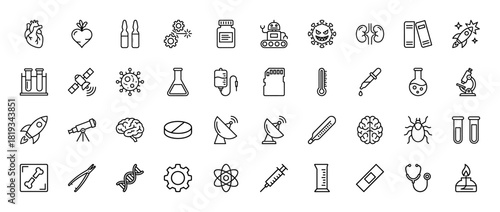 Science and medical research line icon set. Vector pictograms of test tubes, brain, heart, virus, microscope, satellite, rocket, DNA, and robot, thin linear illustration.