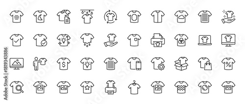 T-shirt design and production line icon set. Vector pictograms of t-shirts with printing, washing, customization, and retail concepts, thin linear illustration.