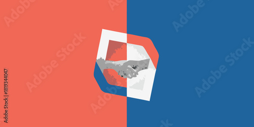 Abstract handshake illustration on red and blue background for business concepts