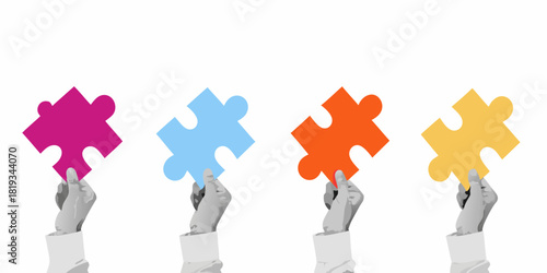 Hands holding colorful puzzle pieces representing teamwork and problem solving
