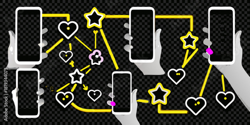 Interconnected smartphones with hearts and stars on a transparent background