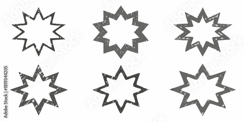 Collection of grunge starburst shapes with rough textures on white background