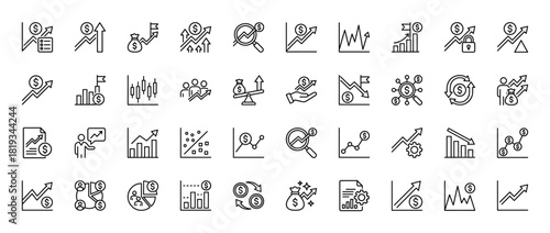 Finance and business line icon set. Vector pictograms of growth charts, dollar symbols, money bags, bar graphs, pie diagrams, scales, and market analytics, thin linear illustration.