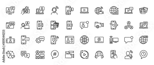 Social media line icon set. Vector pictograms of online communication, live streaming, digital content, and network interactions, thin linear illustration.