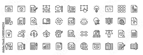 Design and development line icon set. Vector pictograms of creative tools, web elements, project documents, and content management, thin linear illustration.