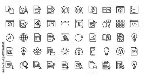 Design and development line icon set. Vector pictograms of creative tools, documents, web interfaces, coding, 3D modeling, and ideas, thin linear illustration.