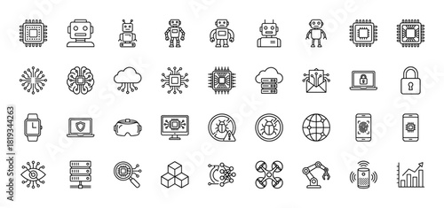 Technology and artificial intelligence line icon set. Vector pictograms of robots, processors, cybersecurity, and data, thin linear illustration.