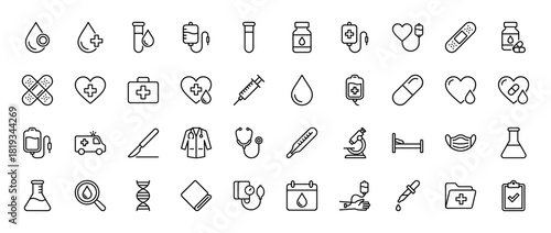 Medical line icon set. Vector pictograms of test tubes, IV bags, hearts, bandages, pills, syringes, stethoscopes, microscopes, and ambulances, thin linear illustration.