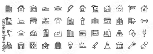 Construction and real estate line icon set. Vector pictograms of buildings, houses, offices, factories, warehouses, cranes, and tools, thin linear illustration.