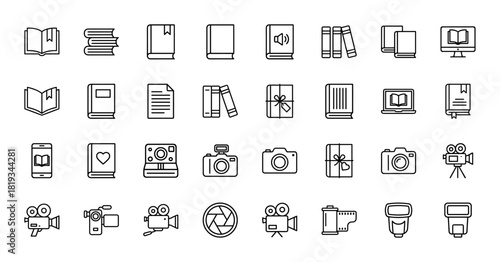 Education and photography line icon set. Vector pictograms of books, cameras, video recorders, and media accessories, thin linear illustration.