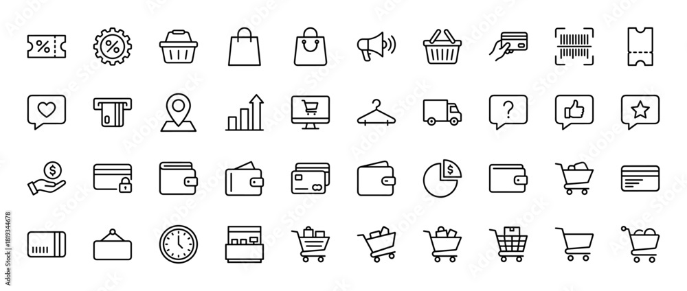 Obraz premium E-commerce and shopping line icon set. Vector pictograms of shopping bags, baskets, carts, payment, delivery, and marketing elements, thin linear illustration.