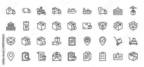 Logistics and delivery line icon set. Vector pictograms of delivery trucks, cargo ship, smartphone shopping, shipping containers, packages, location pins, and documents, thin linear illustration.