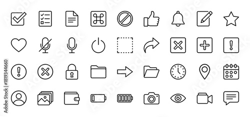 User interface line icon set. Vector pictograms of command, file, checkmark, heart, star, power, add, user, calendar, folder, camera, battery, eye, message, and envelope, thin linear illustration.