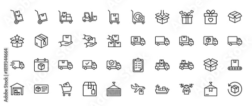 Logistics line icon set. Vector pictograms of delivery trucks, boxes, forklifts, drones, and global shipping, thin linear illustration.