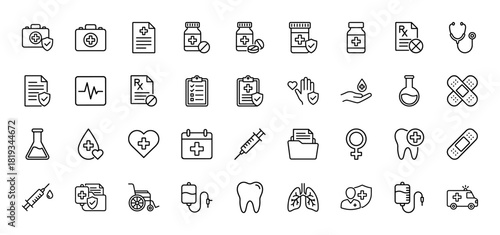 Healthcare line icon set. Vector pictograms of first aid kits, medicine bottles, medical documents, stethoscope, syringe, IV drips, lungs, and ambulance, thin linear illustration.