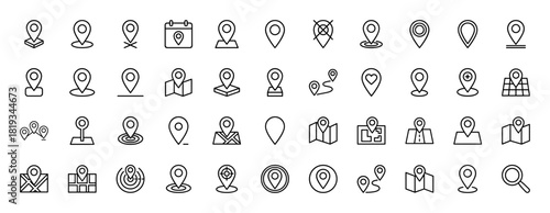 Location line icon set. Vector pictograms of map pins, navigation routes, destination markers, search pointers, geotags, and address symbols, thin linear illustration.