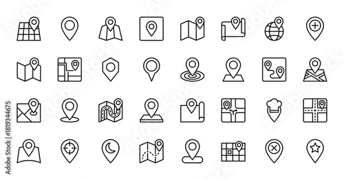 Navigation and location line icon set. Vector pictograms of map markers, folded maps, global positioning, routes, targets, and favorite places, thin linear illustration.