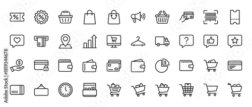 E-commerce and shopping line icon set. Vector pictograms of shopping bags, baskets, carts, payment, delivery, and marketing elements, thin linear illustration.