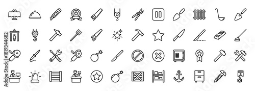 Tools and utility line icon set. Vector pictograms of saw, hammer, shovel, safe, anchor, piston, file cabinet, and siren, thin linear illustration.
