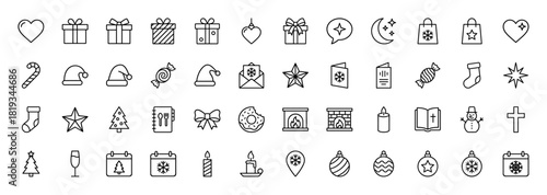 Christmas and holiday icon set. Vector pictograms of gifts, Santa hats, greeting cards, stars, trees, candles, snowmen, and festive ornaments, thin linear illustration.