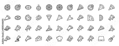 Pizza line icon set. Vector pictograms of whole pizzas, slices with melted cheese, hot pizza, cutter, chef hat, and delivery box, thin linear illustration.