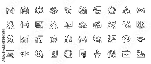 Business and collaboration line icon set. Vector pictograms of team meetings, brainstorming, presentations, online conferences, strategy, and growth, thin linear illustration.