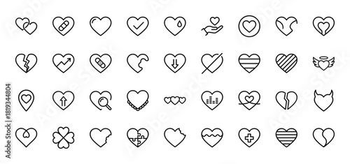 Love and emotion line icon set. Vector pictograms of hearts with various symbols, expressions, and conceptual designs, thin linear illustration.