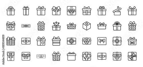 Celebration line icon set. Vector pictograms of gift boxes, presents, wrapped packages, bows, ribbons, and festive elements, thin linear illustration.