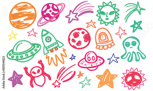 Bright and playful hand-drawn space doodle clipart set featuring colorful rockets, UFOs, aliens, planets, stars, and suns — perfect for kids’ projects, printable art, and digital designs.