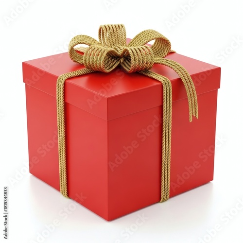 A single elegant red gift box wrapped with a festive golden ribbon and bow, isolated on a white background for a special celebration