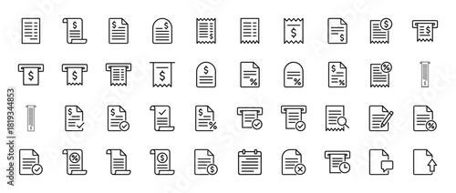 Finance and accounting line icon set. Vector pictograms of receipts, invoices, billing documents, and financial transactions, thin linear illustration.