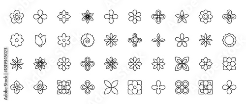 Floral icon set. Vector pictograms of diverse flower shapes, blossoms, petals, abstract organic designs, and stylized botanical ornaments, thin linear illustration.
