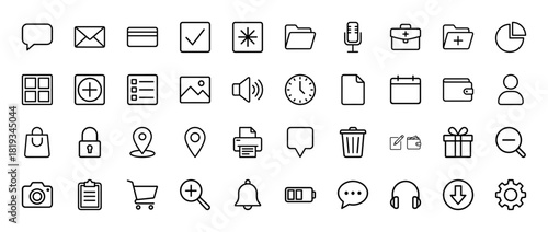 Universal user interface line icon set. Vector pictograms of chat, email, folder, user, shopping, settings, home, clock, camera, document, location, thin linear illustration.