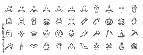 Spooky Halloween holiday line icon set. Vector pictograms of witch hats, jack-o'-lanterns, skulls, ghosts, bats, spiders, and cauldrons, thin linear illustration.