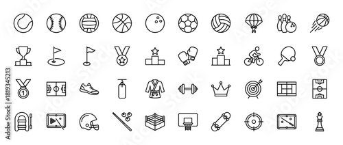 Sports and recreation line icon set. Vector pictograms of soccer, basketball, tennis, bowling, medals, trophies, cycling, boxing, martial arts, and game equipment, thin linear illustration.