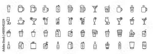 Beverage line icon set. Vector pictograms of beer glasses, tea, coffee, cocktails, juice boxes, water bottles, soda cans, and bubble tea, thin linear illustration.