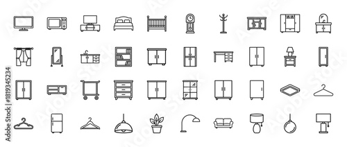 Home furniture and decor line icon set. Vector pictograms of bed, wardrobe, kitchen appliances, tables, seating, lighting, and storage, thin linear illustration.