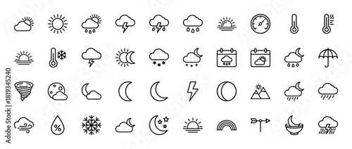 Weather forecast line icon set. Vector pictograms of sun, clouds, rain, snow, thunder, thermometer, moon, wind, calendar, and rainbow, thin linear illustration.