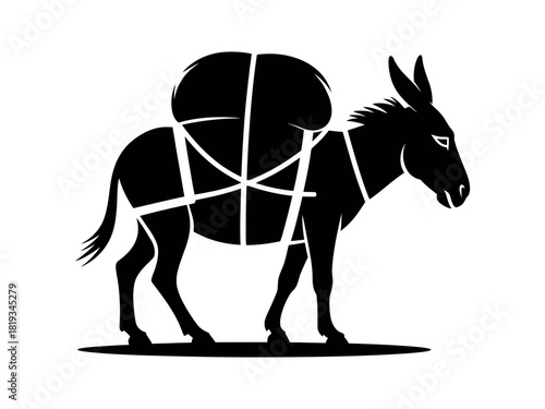 A donkey carries a large load of hay on its back.