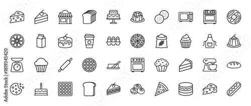 Baking and pastry line icon set. Vector pictograms of bakery, cakes, bread, donuts, muffins, pizzas, cookies, and kitchen tools, thin linear illustration.