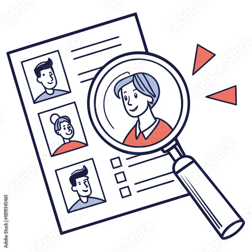 Magnifying glass focusing on a candidate profile within a list of employee resumes for hiring