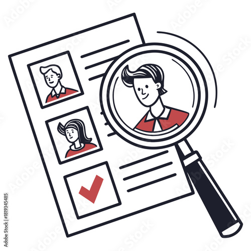 Magnifying glass over a document with candidate profiles and a checkmark indicating selection