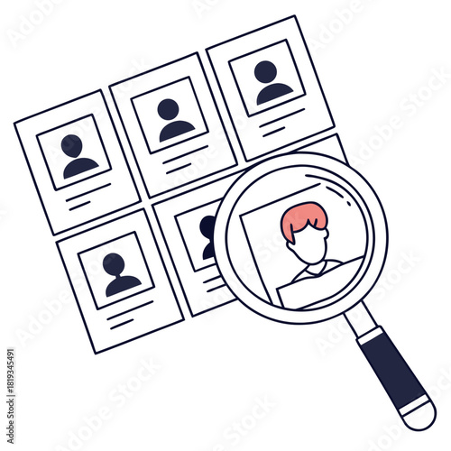 Magnifying glass focuses on one profile among a grid of applicant resumes for hiring and recruitment