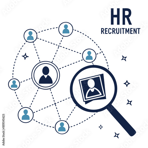 Human resources recruitment process illustrated with network connections and a magnifying glass focusing on a candidate profile