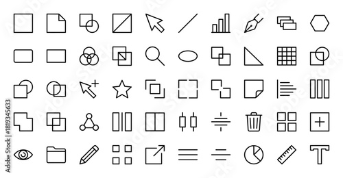 UI and graphic design icon set. Vector pictograms of shapes, editing tools, cursors, files, charts, layouts, and interface elements, thin linear illustration.