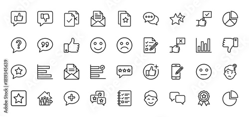 User feedback and survey line icon set. Vector pictograms of stars, speech bubbles, thumbs up/down, charts, and documents, thin linear illustration.