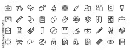 Healthcare line icon set. Vector pictograms of medical kit, ambulance, syringe, pills, microscope, clipboard, blood drops, thermometer, virus, and hospital, thin linear illustration.