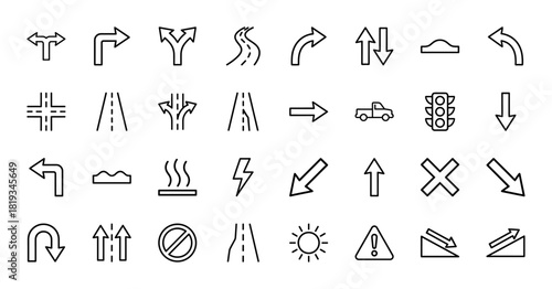 Navigation line icon set. Vector pictograms of directional arrows, roads, traffic lights, junctions, and warning signs, thin linear illustration.