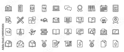 Education line icon set. Vector pictograms of laptop, book, diploma, calendar, calculator, webinar, stack of books, and medal, thin linear illustration.