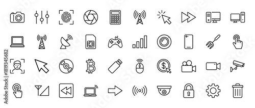 Technology line icon set. Vector pictograms of calculator, fingerprint, antenna, camera, desktop, laptop, smartphone, security camera, and cloud, thin linear illustration.